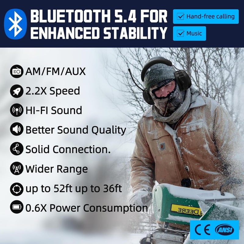 PROHEAR 033 Upgraded Bluetooth 5.4 Hearing Protection Headphones with FM/AM Radio, OSHA-Compliant 25dB NRR Safety Earmuffs, Rechargeable 48H Playtime for Mowing, Workshops and Snowblowing – Black - Image 4